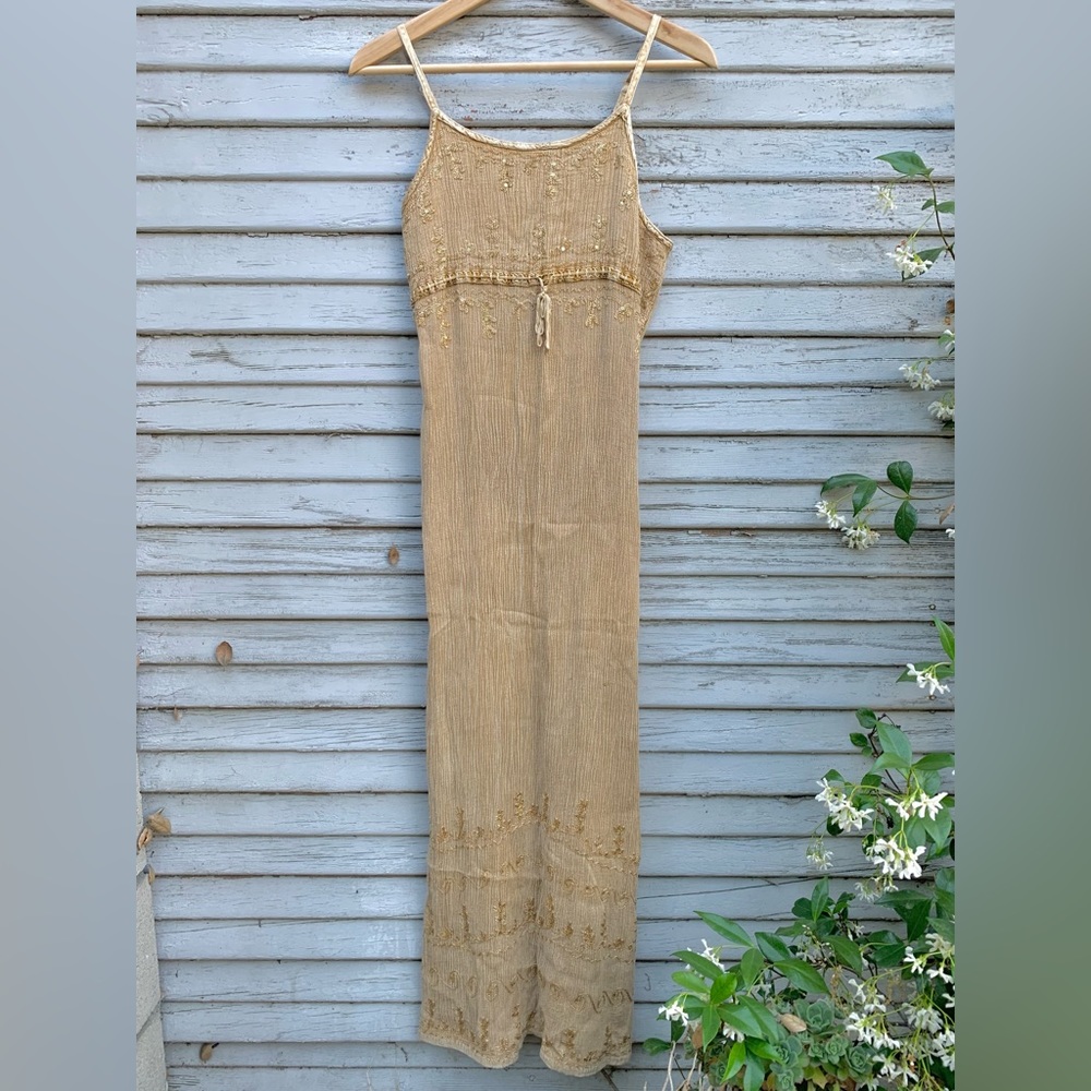 Sold 90s Gauze Indian Tan Vintage Midi Sleeveless Summer dress size L